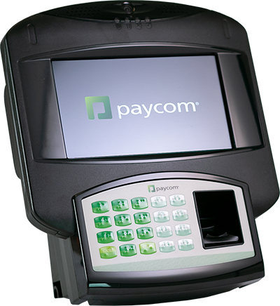 Person clocking in with a Paycom Time Clock Terminal.