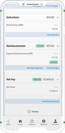 Approve My Check deductions screen on mobile phone