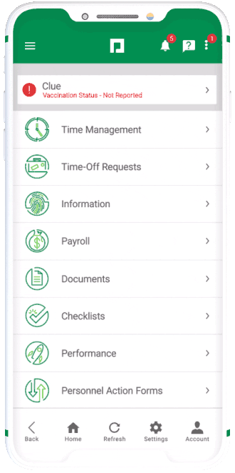 CLUE vaccination status module in Paycom's mobile app