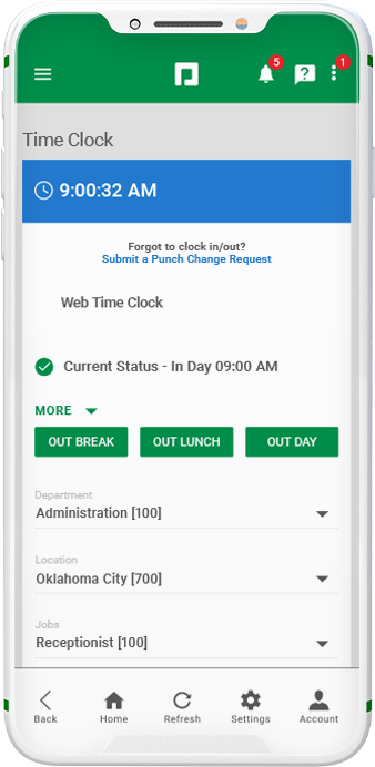 Paycom Time Clock product screen on mobile device