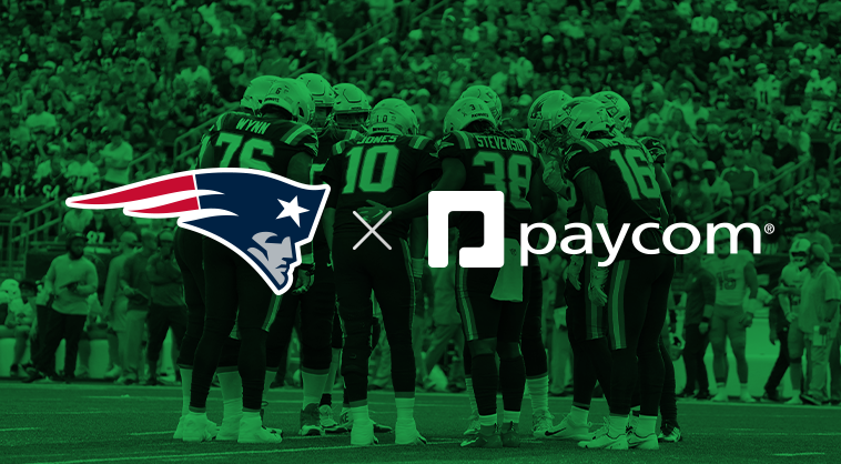 Paycom and Patriots logos over photo of players on a football field