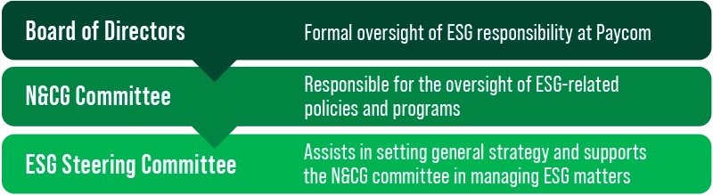 Graphic showing hierarchy of oversight starting with Board of Directors at top, then N&CG Committee, finally ESG Steering Committee