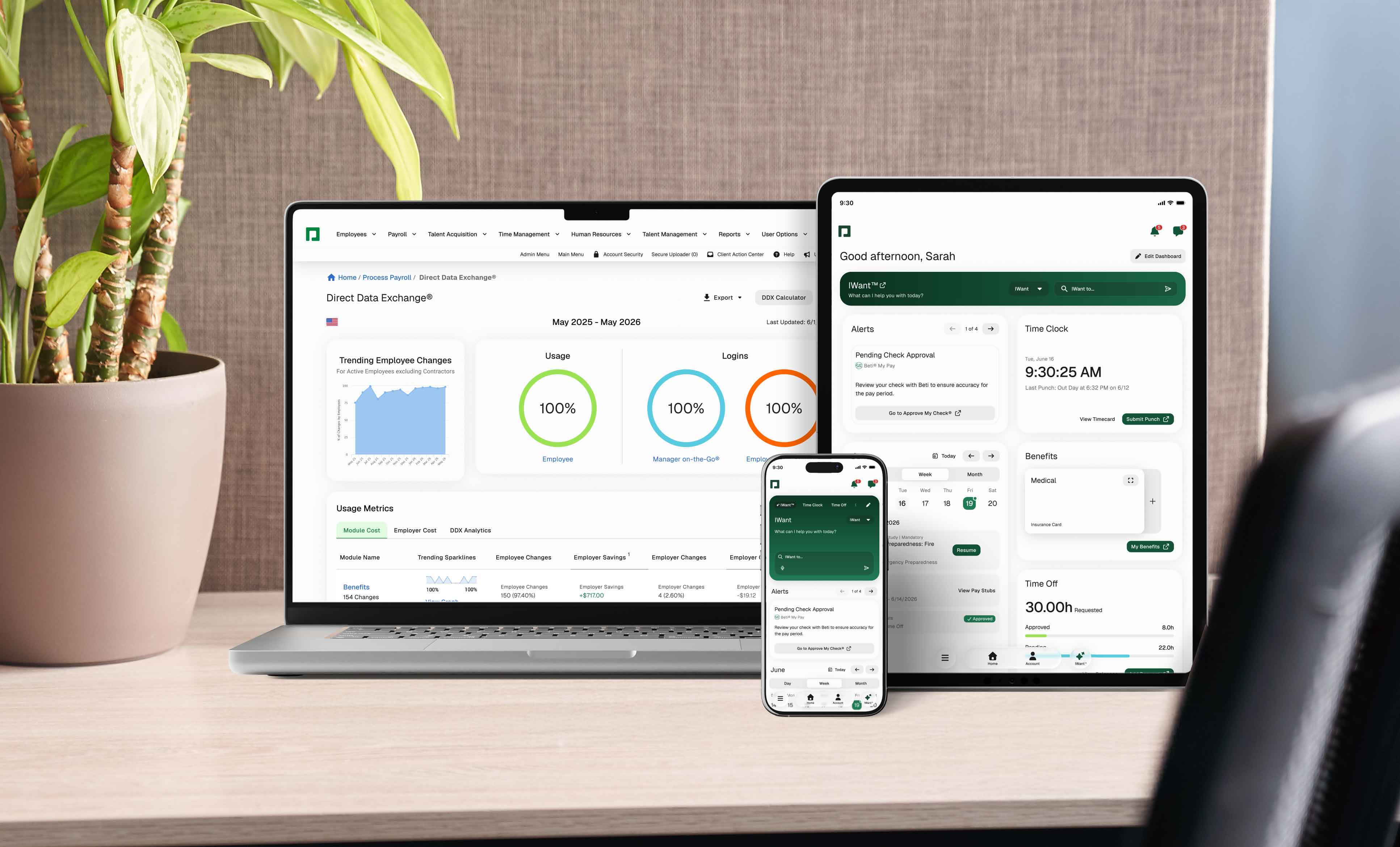 Showcasing Paycom's application on multiple devices.