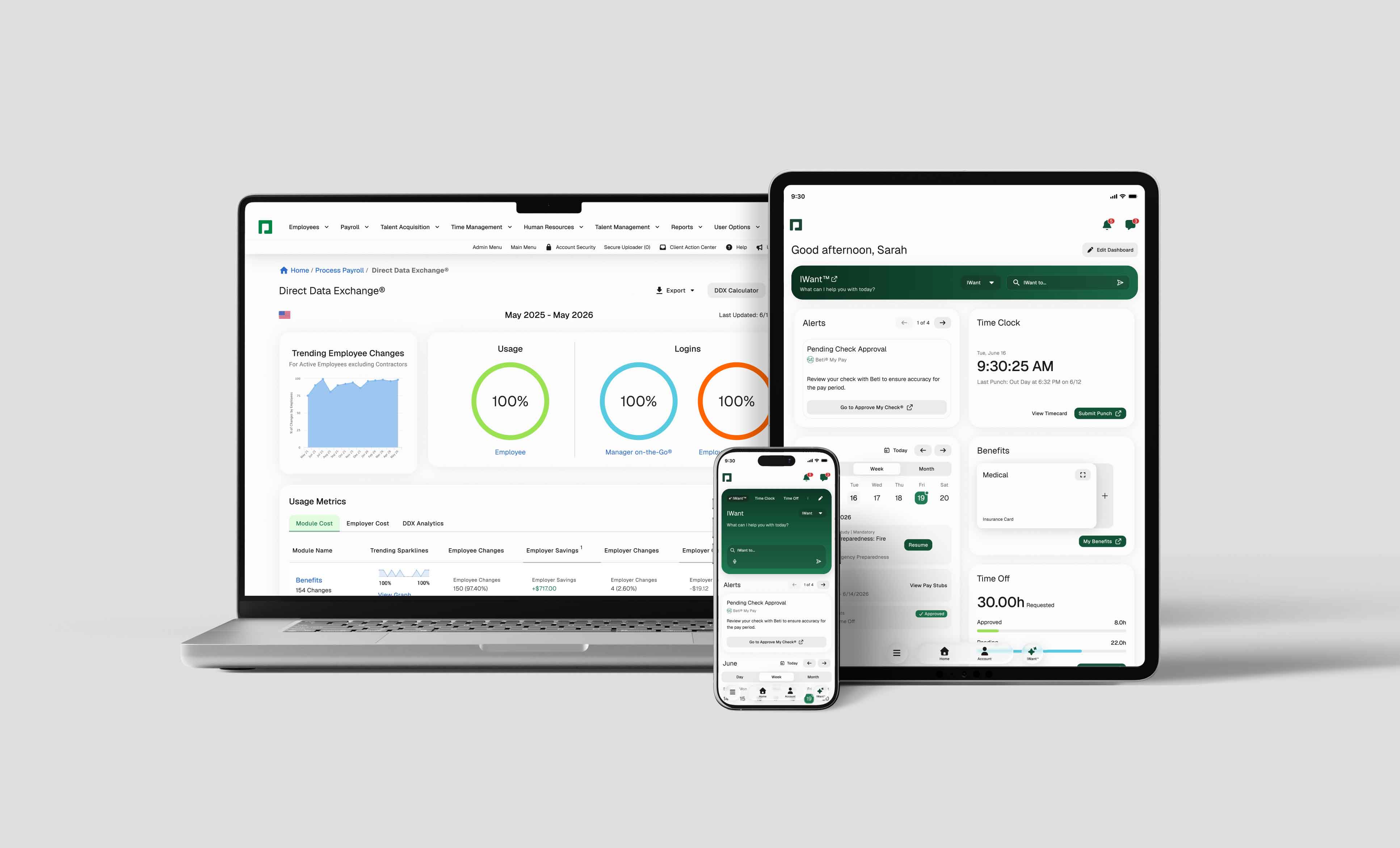 Showcasing Paycom's application on multiple devices.